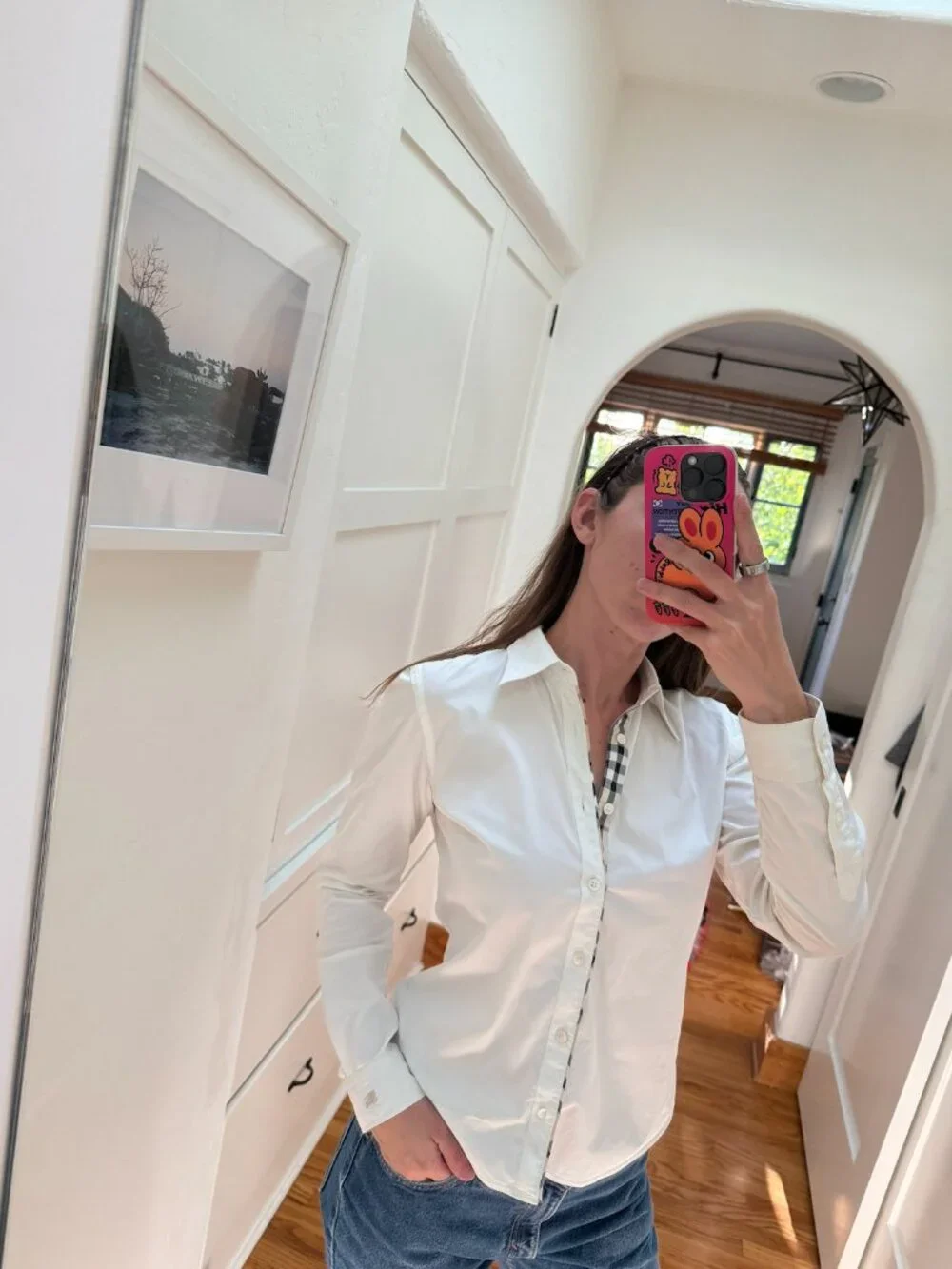 Burberry London White Cotton Button Up Shirt Sz S Nova Check Trim Stretch - Picture 2 of 7